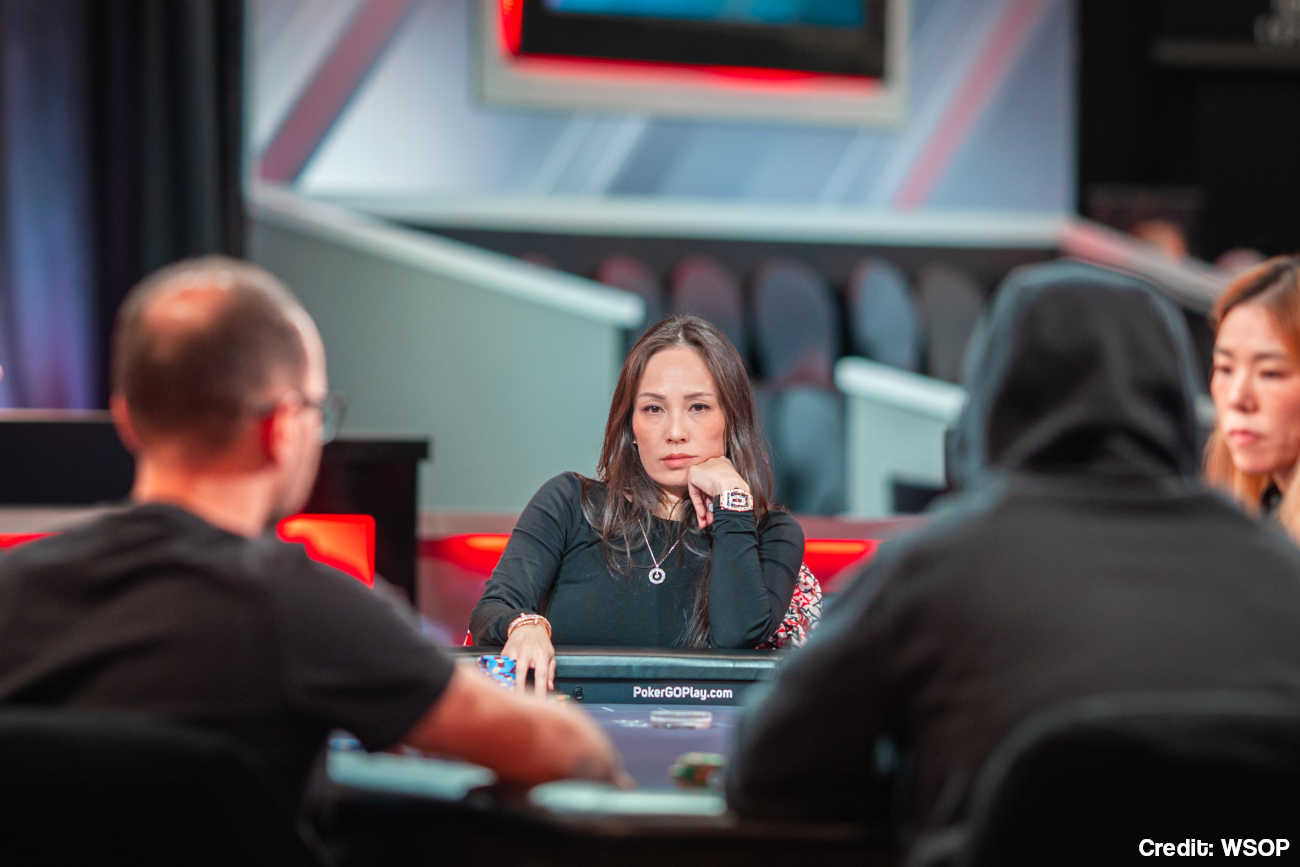 Tracy Nguyen focuses on the game in Event 35 -- 10k Secret Bounty No-Limit Hold em